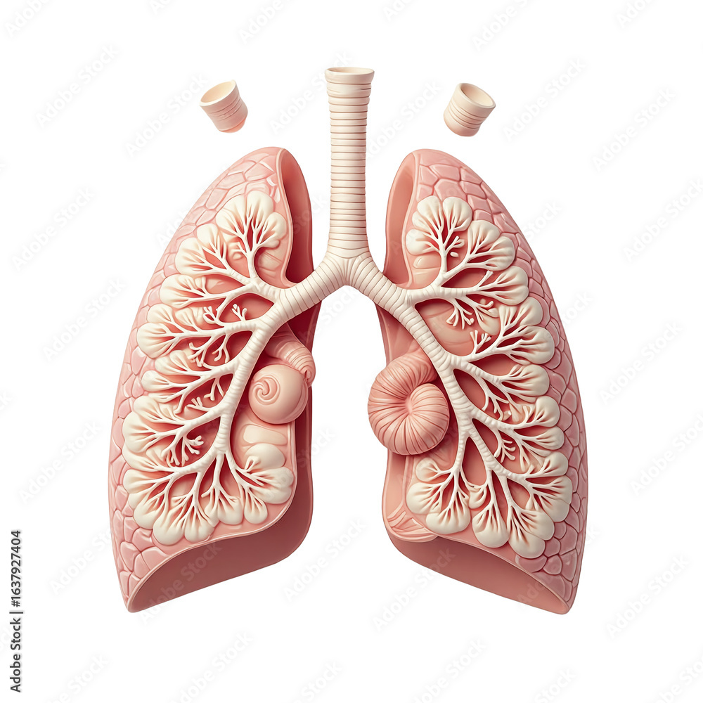 a detailed anatomical model showcases the human lungs with branching airways and visible lobes against a plain white background. a detailed anatomical model showcases the human lungs with branching airways and visible lobes against a plain white background.