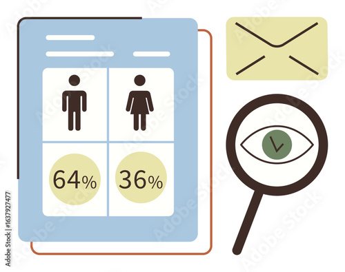Male and female percentage stats on report page, magnifying glass with eye and tick, and envelope graphic. Ideal for demographics, data analysis, reporting, communication, equality, research simple
