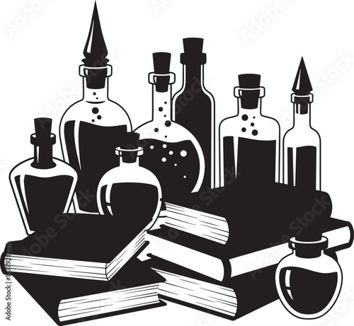 Black and white vector silhouette of books and various potion bottles