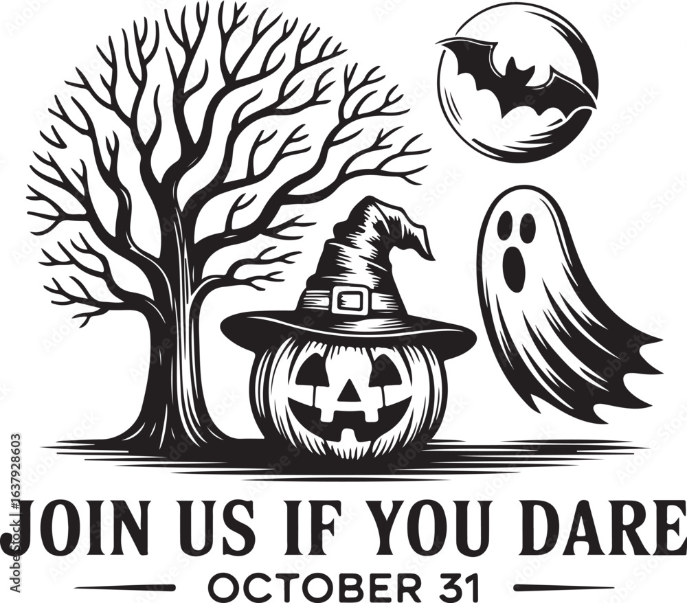 Obraz premium October 31st Vector Illustration of a Halloween Scene with Pumpkin and Ghost