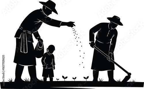 Black silhouette of farmers and a child working in a field planting and cultivating crops