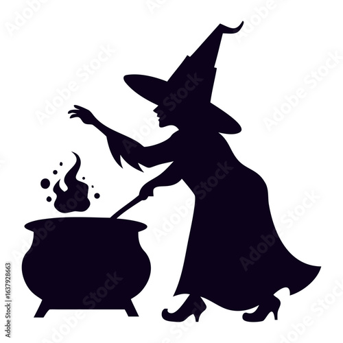 Witch Stirring Cauldron Silhouette – Halloween Vector Art