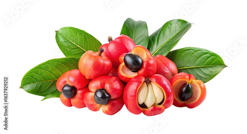 Pile of Guarana Fruits with Green Leaves on a Transparent Background