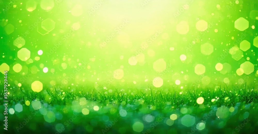 Obraz premium Bright green background features bokeh effects, grass line. Soft light creates vibrant, dreamy atmosphere. Simple, natural scene.