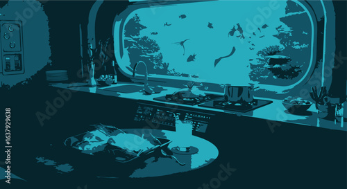 A tranquil scene in a futuristic underwater kitchen with a large ocean view, where a person rests on the counter.