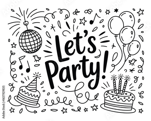 Let's Party lettering in a hand-drawn doodle illustration with cake, balloons, and a disco ball. Festive vector graphic for birthday invitations.