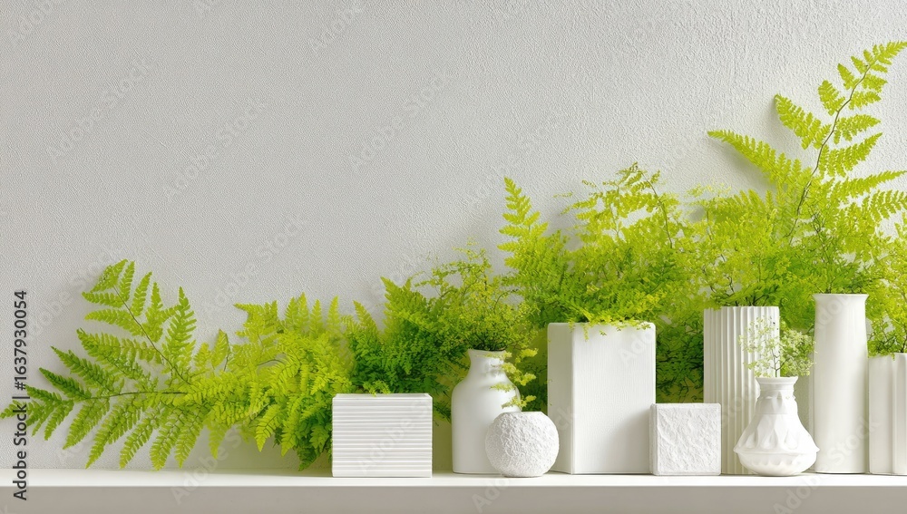 Fototapeta premium Arrangement of decorative white vases and plants on a shelf.