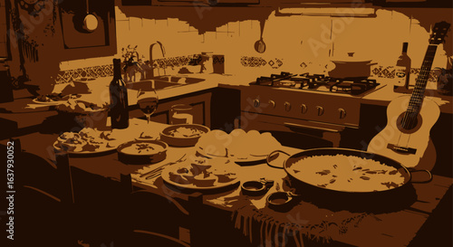 A warm, stylized illustration of a messy kitchen table after a dinner party, featuring leftover food, wine, and a guitar