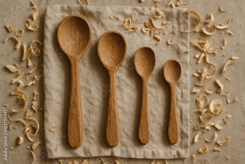 Hand-carved wooden spoons on linen with wood shavings, top view minimal kitchen craft background with copy space.