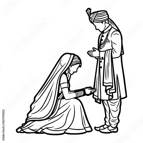 Minimal Hindu Wedding Bride Blessing Groom Feet Touch Vector Illustration