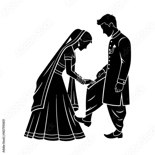 Minimal Hindu Wedding Bride Blessing Groom Feet Touch Vector Illustration