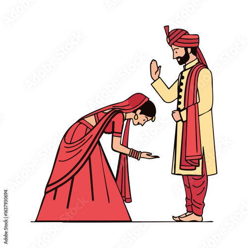 Minimal Hindu Wedding Bride Blessing Groom Feet Touch Vector Illustration
