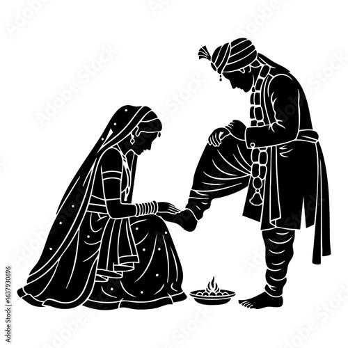 Minimal Hindu Wedding Bride Blessing Groom Feet Touch Vector Illustration