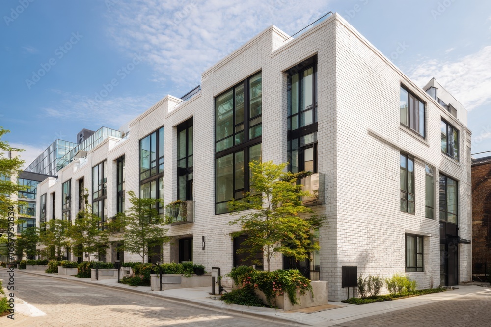 Fototapeta premium Modern townhouses with large windows situated in an urban neighborhood during a sunny day in vibrant city environment showcasing contemporary design