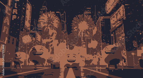 Joyful cartoon characters celebrating in a futuristic city at night, a vibrant digital illustration of a nocturnal street festival.