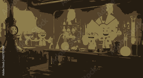 Whimsical gingerbread scientists experimenting in a mysterious, vintage steampunk confectionary laboratory