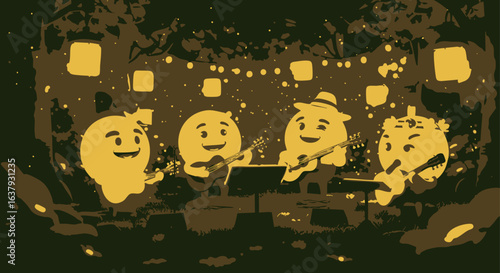 A whimsical band of cute, glowing characters playing guitars under lanterns in a magical forest at night.