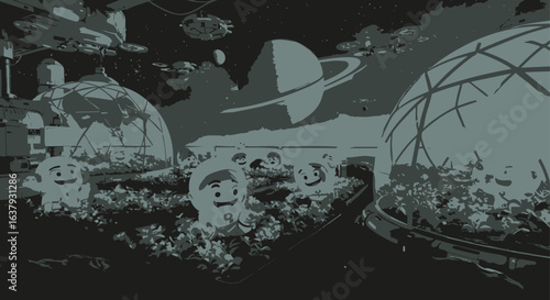 Monochromatic vision of a futuristic space colony with biodomes, where whimsical AI sprites tend to lush alien gardens.