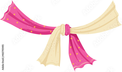 Pink and cream Indian wedding gathbandhan knot, traditional Hindu marriage scarf, cultural ceremony vector illustration for wedding invitations and rituals