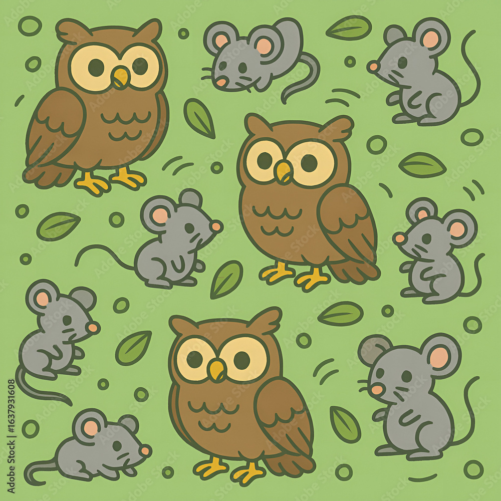 Fototapeta premium Cute Handdrawn Style Owl and Mouse Creature Wildlife Illustration Background