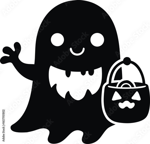 Cute cartoon ghost character floating happily holding a festive pumpkin basket isolated on white background isolated on transparent background