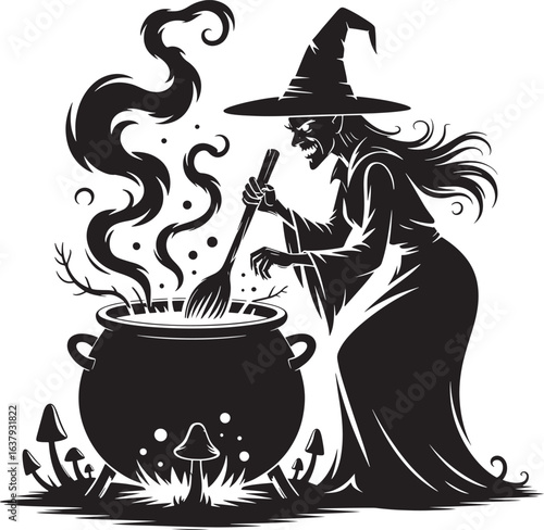Spooky scarecrow with an evil face in a cornfield vector silhouette