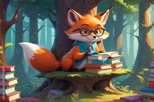 Cartoon fox wearing glasses, arranging books in a tiny forest library carved into a tree