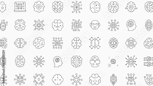 Illustration of various artificial intelligence and technology icons in a grid pattern design layout silhouette