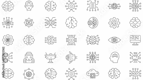 Collection of artificial intelligence and technology line icons featuring brains robots and circuits design silhouette