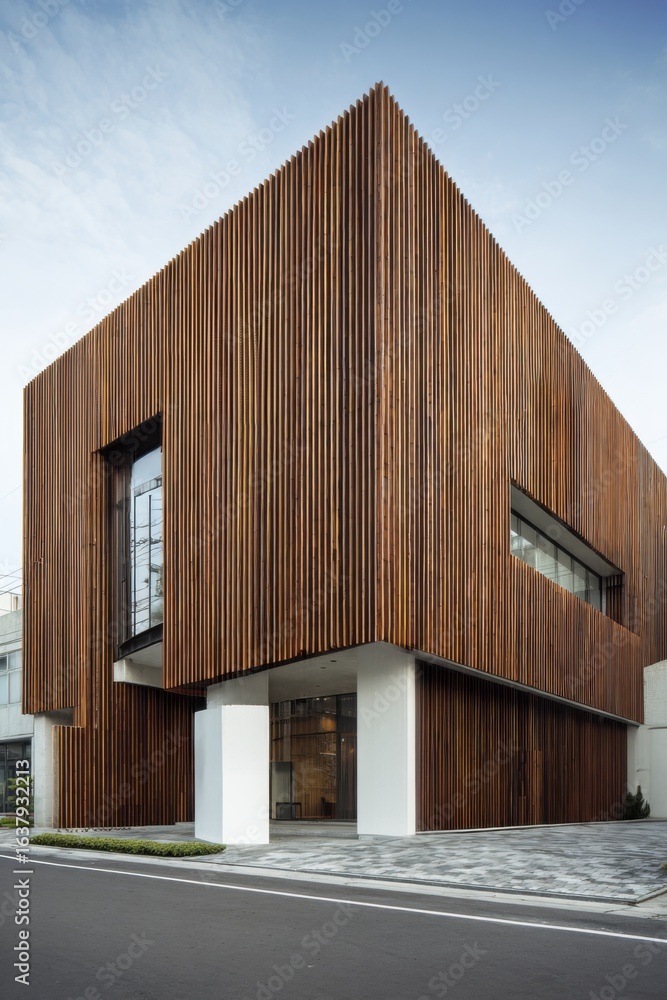 Fototapeta premium Unique architectural design featuring wooden facade in urban setting showcases modern construction techniques and innovative aesthetics during daylight hours
