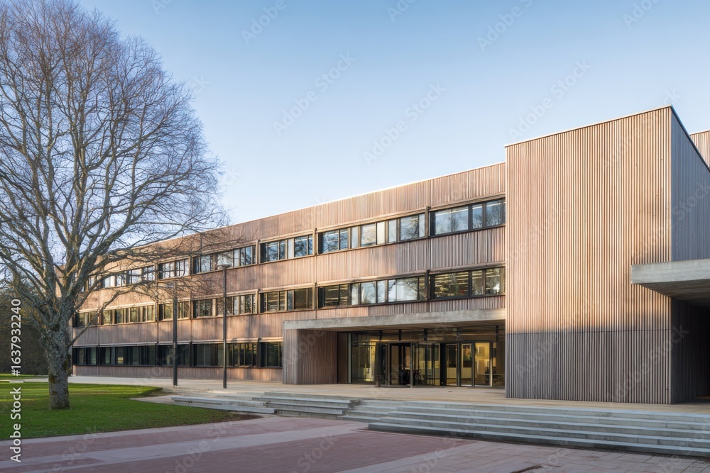Obraz premium Modern educational building showcasing sustainable architecture with natural wood elements set in a green landscape during daylight hours