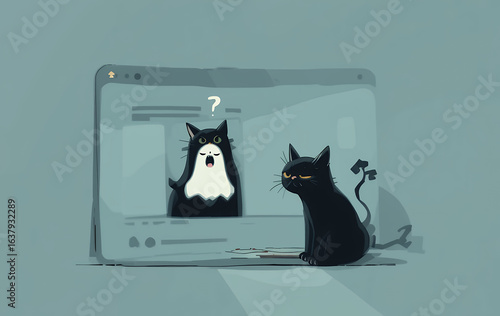 Funny Cartoon Black Cat Looking Skeptically at a Confused Cat on a Computer Screen