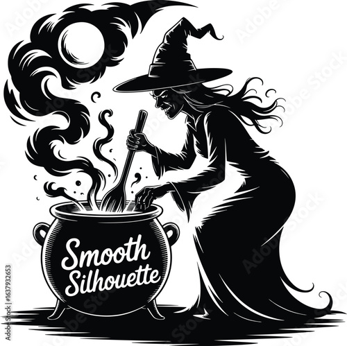 Silhouette of a witch stirring a cauldron with the moon in the background