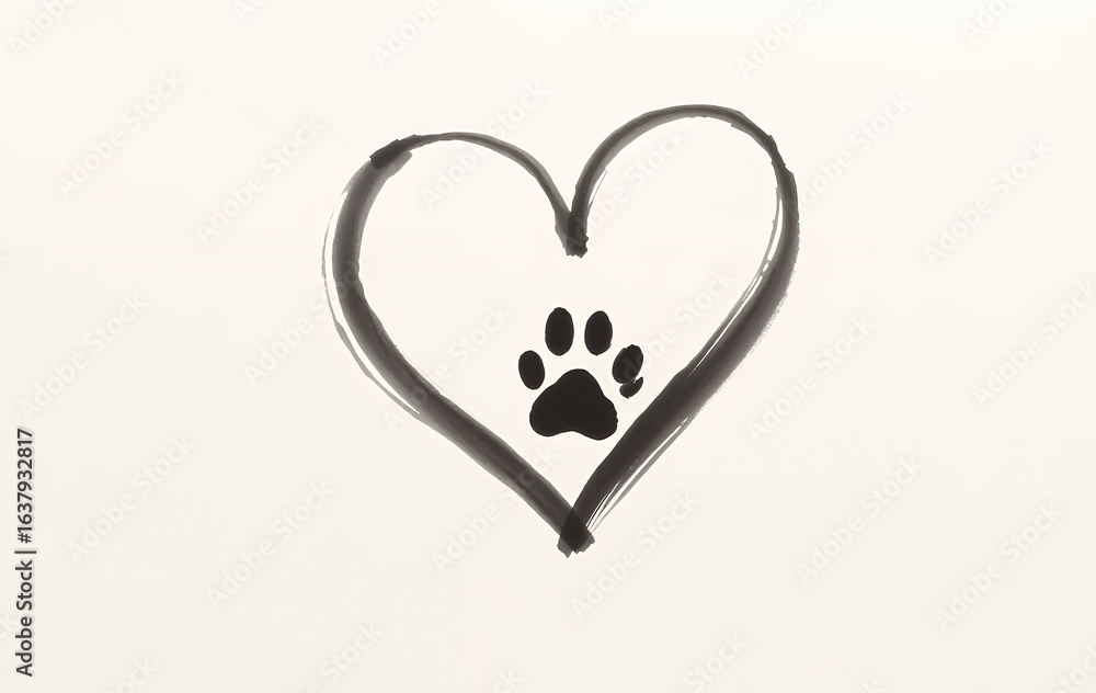 Fototapeta premium Hand Drawn Paw Print Inside a Black Ink Heart Symbol on Cream Background