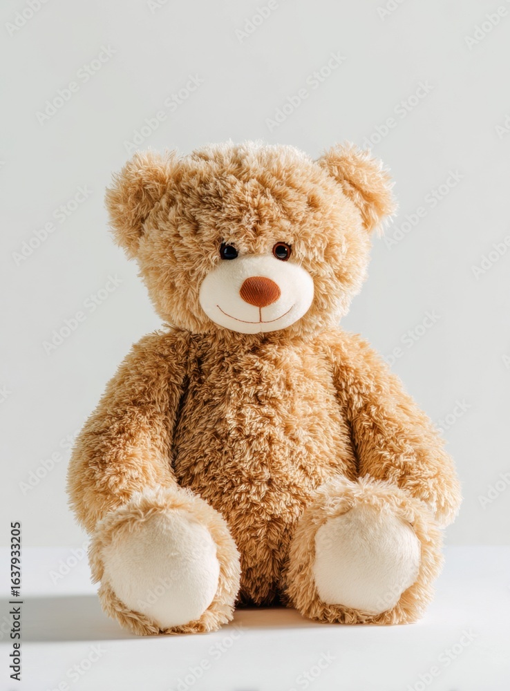 Obraz premium A cuddly and soft plush toy teddy bear sits on a white , offering comfort and companionship with its friendly expression.