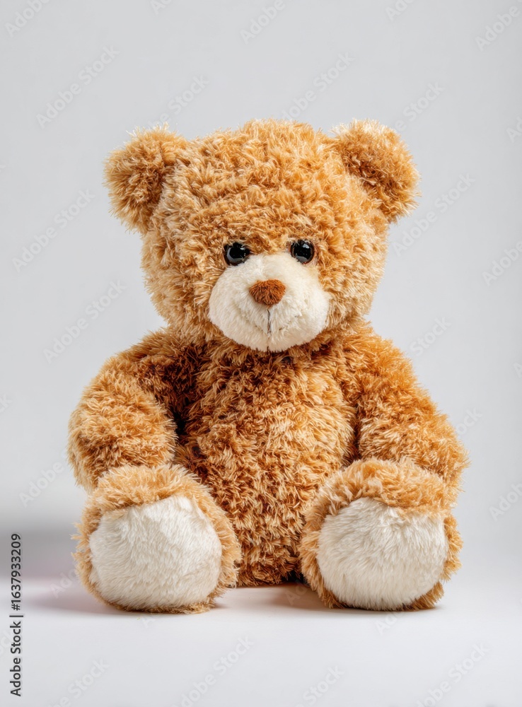 Fototapeta premium A cuddly, plush teddy bear sits patiently, its soft fur and endearing features creating a sense of comfort and warmth.