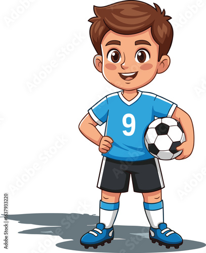 Young soccer player, cartoon style, blue jersey number 9, holding ball, confident pose, sports illustration, football character, youth athlete, team spirit, game ready, standing position,