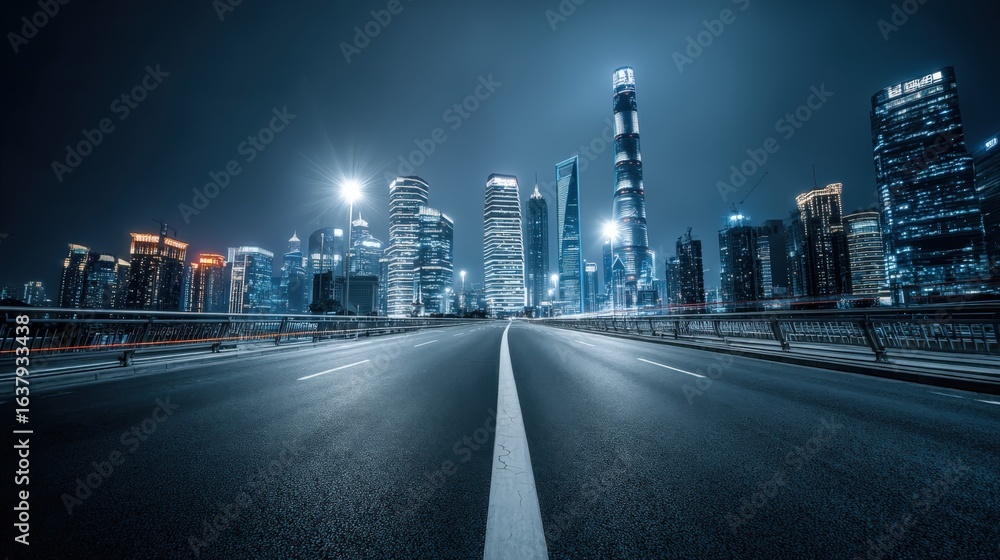 Naklejka premium Night Cityscape View with Empty Road Leading to Illuminated Skyscrapers in Business District