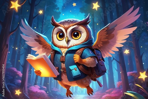 Cartoon owl carrying letters in a satchel, flying over night forest with glowing stars