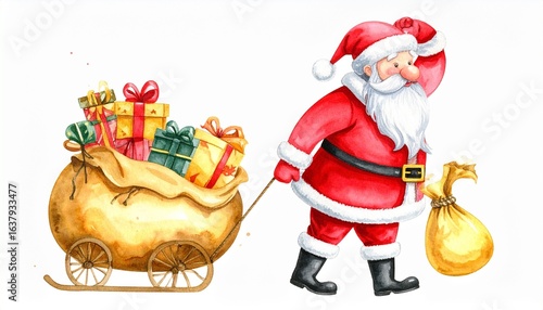Cartoon Santa Claus pulling a golden sleigh filled with colorful wrapped gifts, holding a small golden sack, isolated on a plain white background.