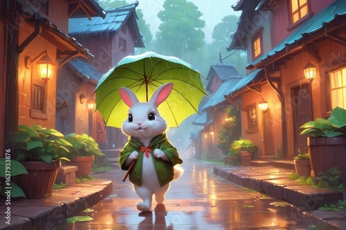 Cute bunny with a big leaf umbrella walking through a tiny village in the rain, warm glowing windows