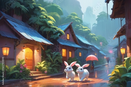 Cute bunny with a big leaf umbrella walking through a tiny village in the rain, warm glowing windows