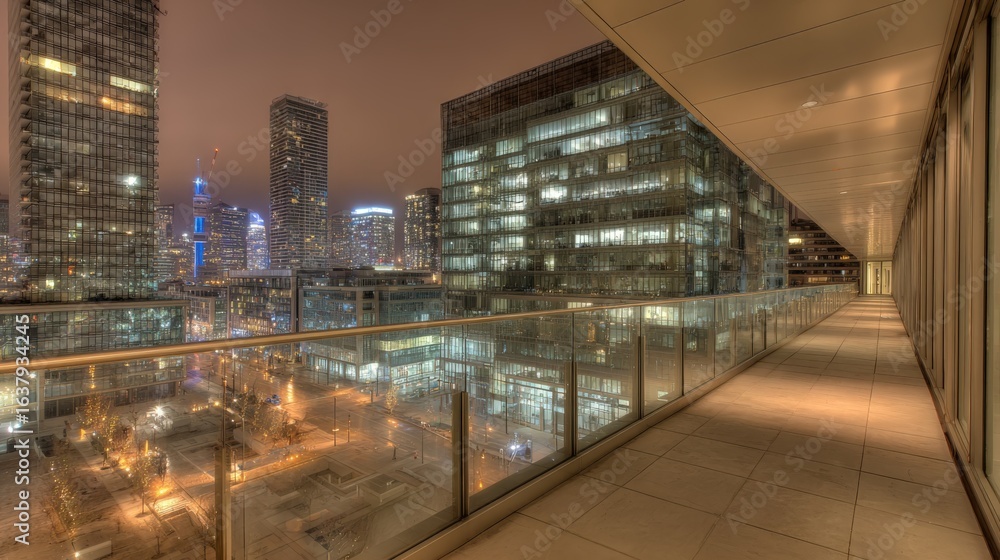 Obraz premium Night Cityscape View from a High-Rise Balcony Featuring Illuminated Buildings and a Modern Glass Railing
