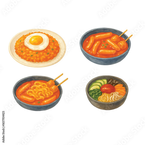 Korean Food Watercolor Bundle #1—Kimchi Fried Rice, Tteobokki, Rabokki, Bibimbap Mini Bowl.
Watercolor Illustration. Design Element. Clip art. Suitable for artwork design.
