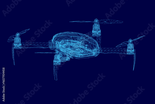 A sleek blue drone with a wireframe design hovers against a dark blue background. The drone's front camera is visible, adding a futuristic touch.