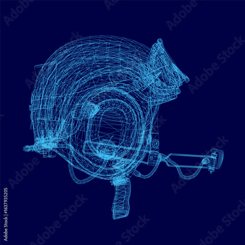 Pilot's helmet blueprint on a blue background features a detailed wireframe design with precise lines, smooth curves, and accurate proportions for technical realism.