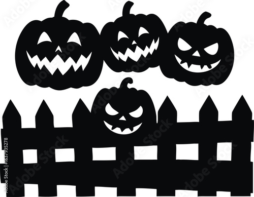 Spooky glowing jack o lanterns lined up on a weathered wooden fence isolated on white background isolated on transparent background