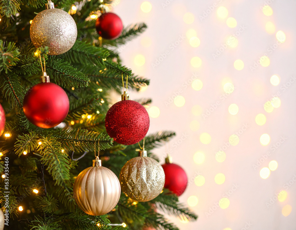 Fototapeta premium Festive Christmas Tree Adorned with Red and Gold Ornaments and Twinkling Lights