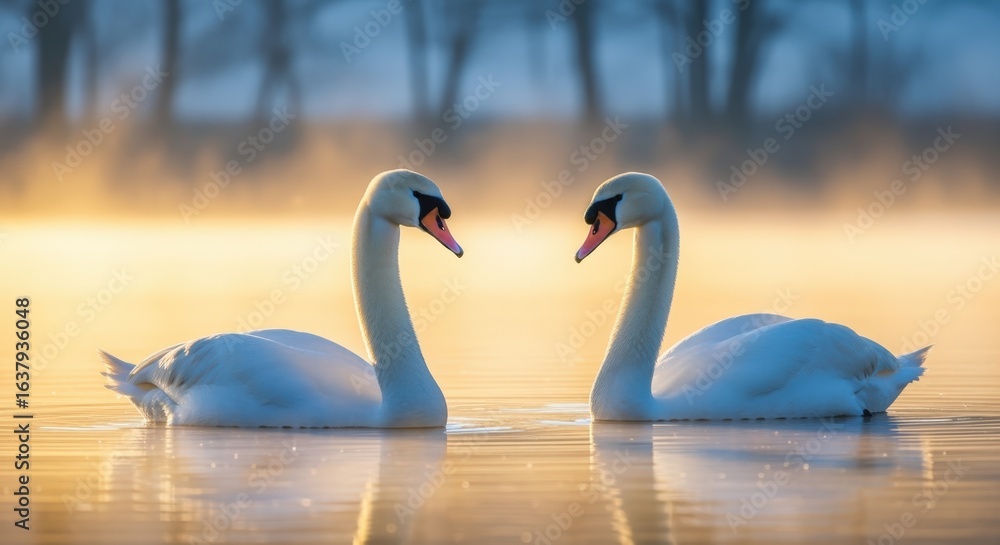 Obraz premium Elegant Swans in Golden Light: A Serene Wildlife Scene of Pair Swimming Together