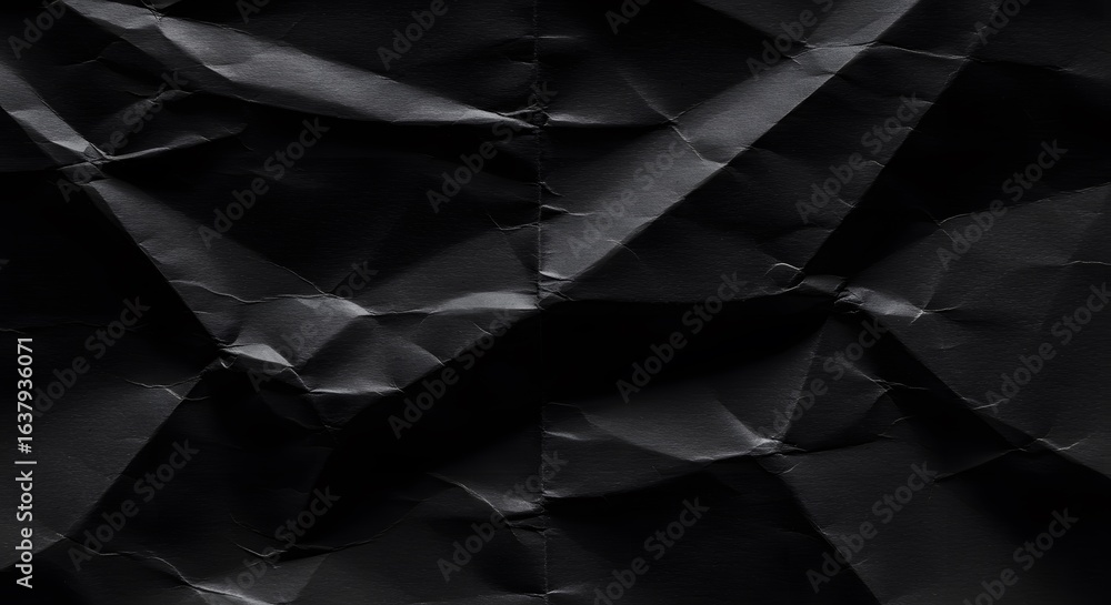Fototapeta premium Wrinkled black paper displays sharp creases varied shadows highlighting the textural complexity and light play